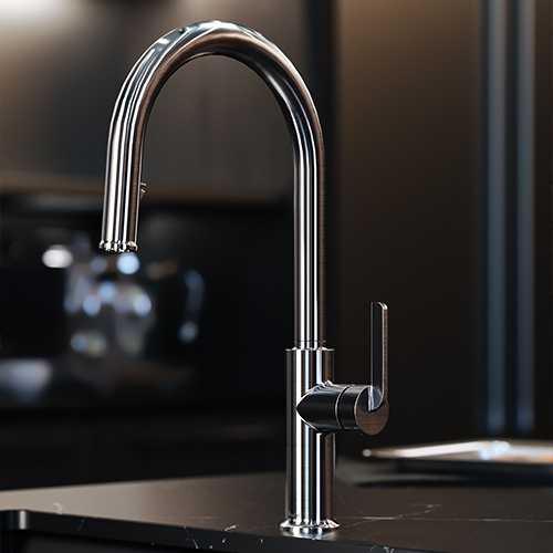 A modern kitchen featuring a chrome faucet from the Authentica collection.